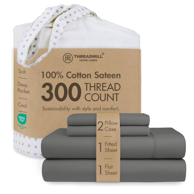Threadmill Cotton Queen Sheet Set | 100% Cotton Sheets for Queen Size Bed | Solid Sateen Queen Bed Sheets Set with 16â€ Deep Pocket | Soft Breathable 4-Piece Cooling Bedding Sheet Set | Dark Grey - Image 1